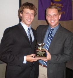 Arnie and 2008 Alpha Beta president Scott Malecki pose with the chapter's Torchia award for the 2007-2008 school year.